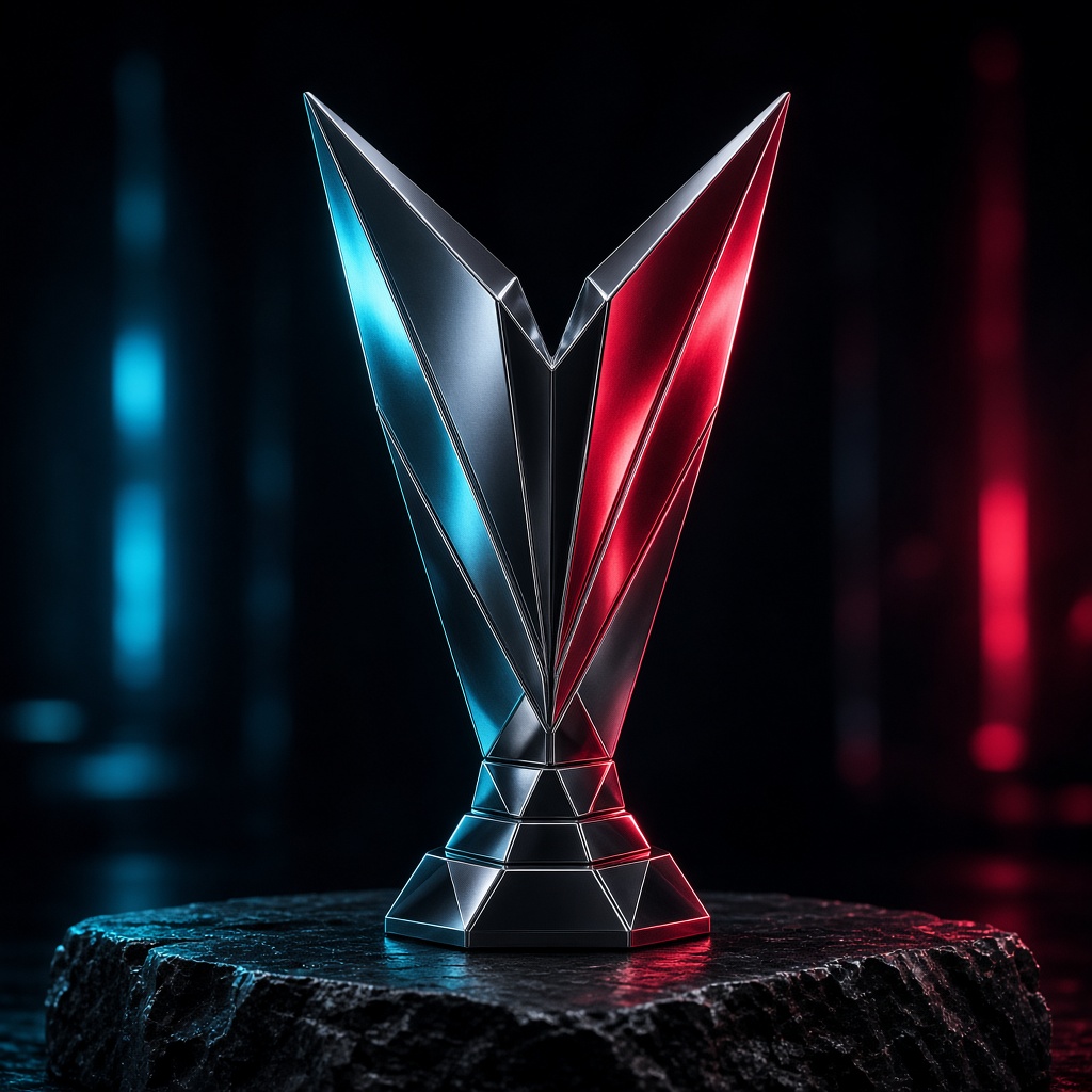 Trophée métallique éclairé de cyan et de rouge